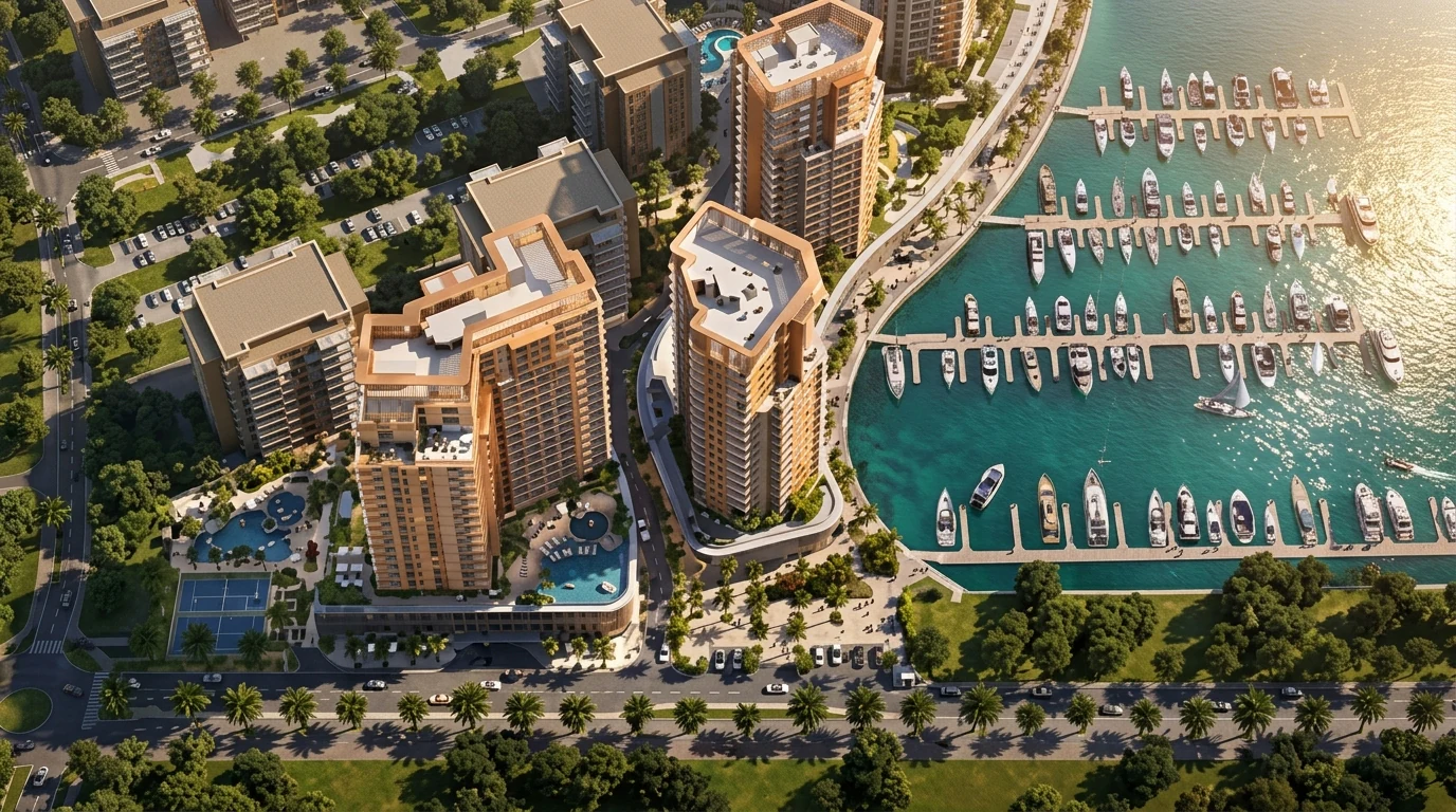 Aerial rendering of the coastal Al Hamra Waterfront setting